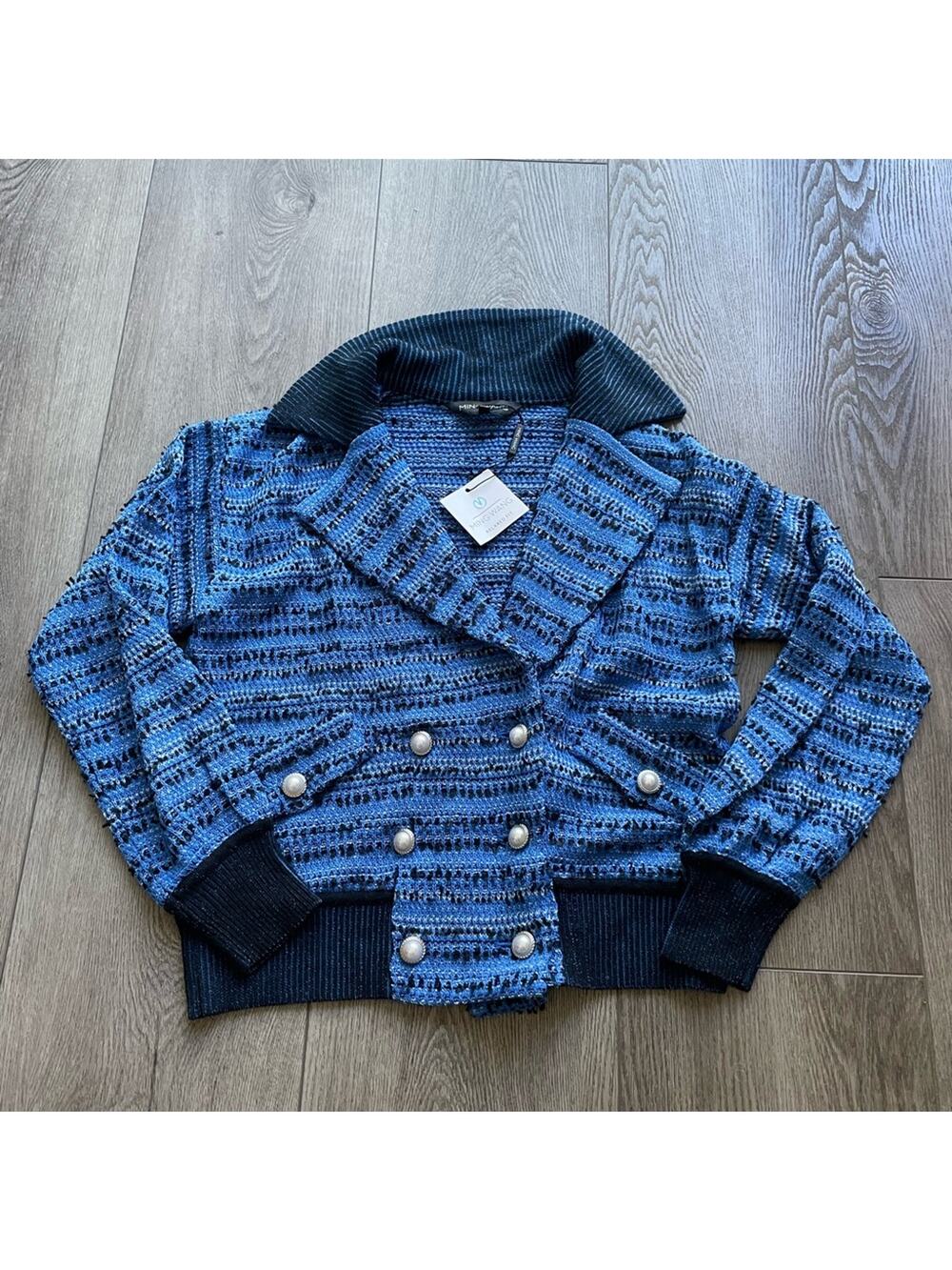ming wang  blue eyelash tweed bomber style pearl button jacket coat size XS NEW